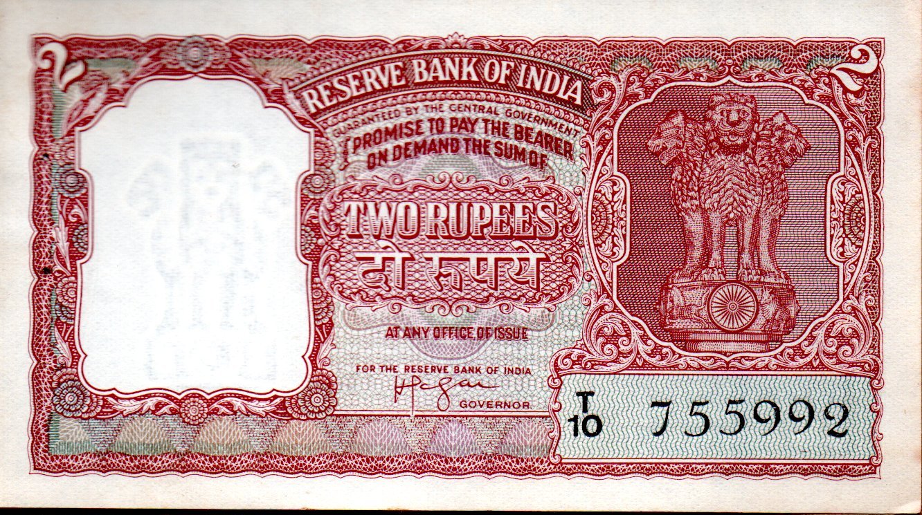 Republic India 2 Rupees Bank Note ( 1943-1997)- (5 different Notes)- with display stand (Demonetized & Collectible Category)