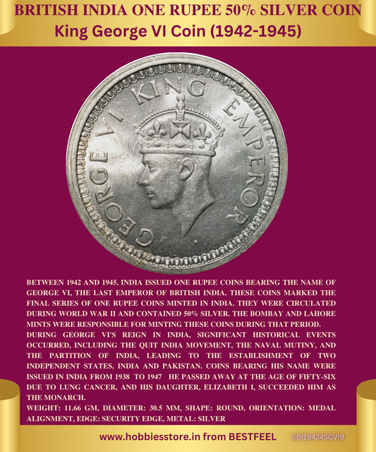 King George VI One Rupee 50% Silver Coin (1942-1945) (Demonetized & Collectible Category)