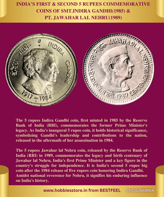 5 Rs. Commemorative Coins of Pt.Jawahar Lal Nehru & Smt.Indira Gandhi (1989/1985) (Demonetized & Collectible Category)