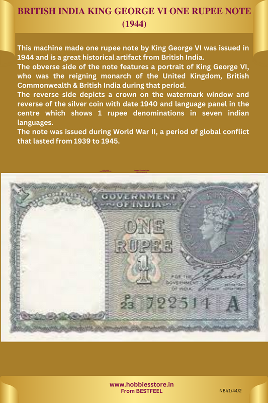 British India George VI One Rupee  Note (1944) (Very Rare)